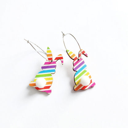 Colorful Stripe Bunny Wooden Drop Earrings Women Gifts Earring Cute Girls