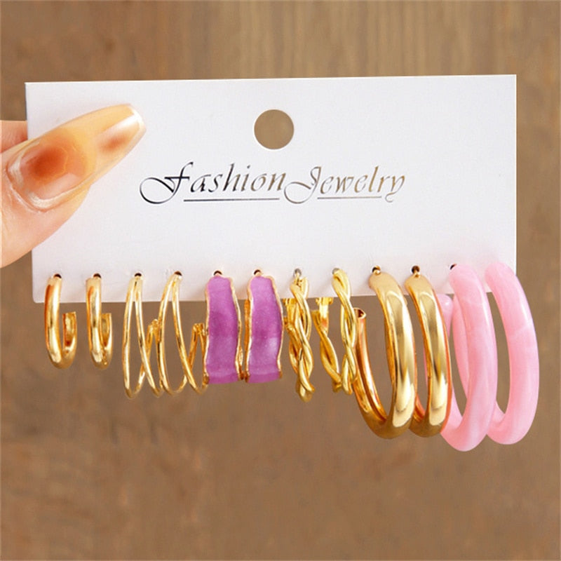 6 Pairs Pink Purple Hoop Dangle Earrings Women Charms Earring Fashion Creative