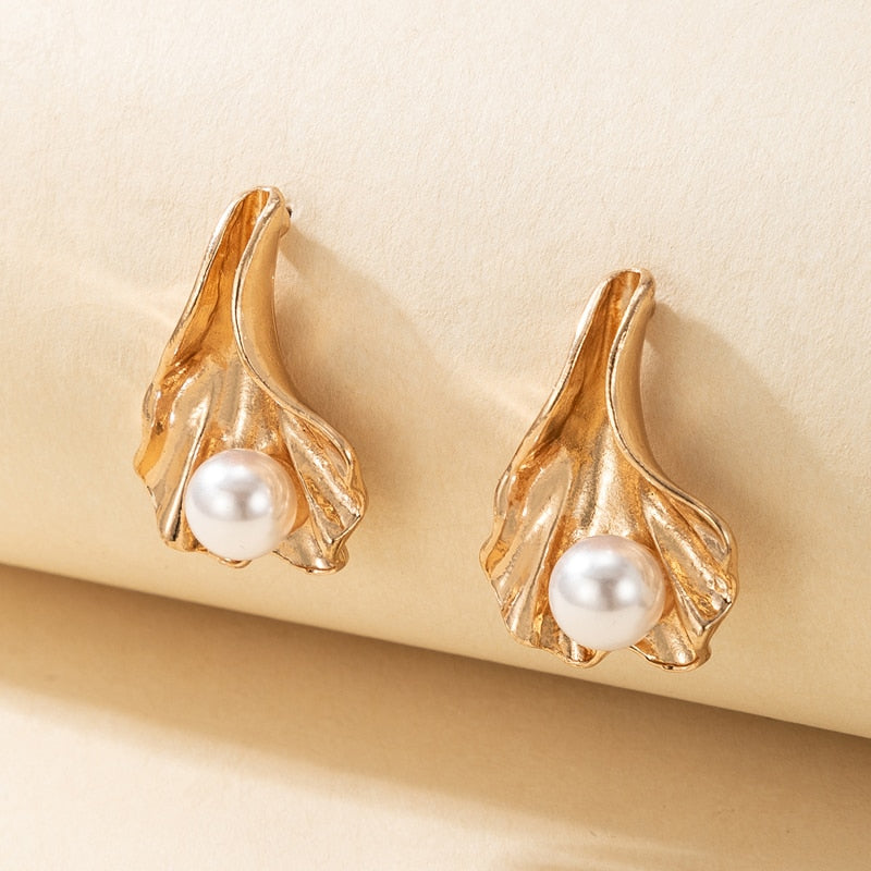 Golden Leaf Faux Pearl Vintage Stud Earrings Women Antique Earring Jewelry