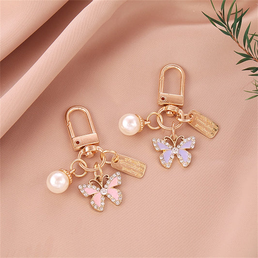 2 Colors Rhinestone Butterfly Keychain Cute Pearl Metal Tag Keyring For Women