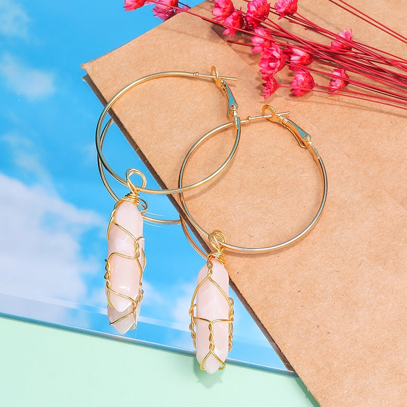 Light Pink Stone Pendant Hoop Earrings Trendy Women Fashion Earrings Jewelry