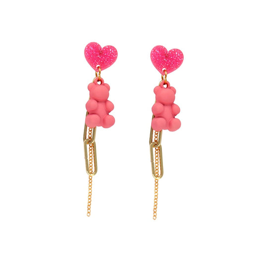 Pink Glitter Heart Bear Chain Drop Earrings Women Creativity Jewelry Cute