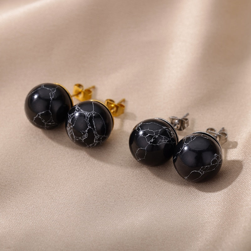 Bohemian Handmade Natural Black Marbled Stone Beads Stud Earrings Women Travel