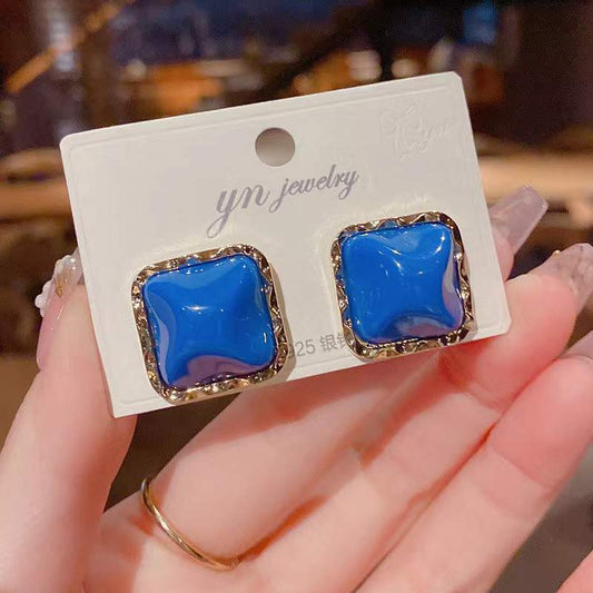 Blue Square Geometric Pattern Studs Earrings Retro Woman Ear Accessories