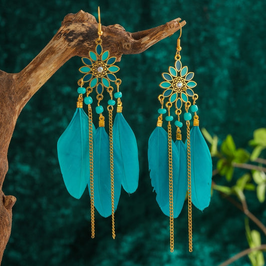 Aqua Blue Boho Ethnic Feather Dangle Earrings Fashion Party Girls Pendant