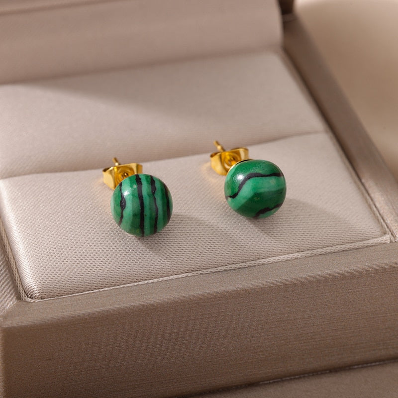 Bohemian Handmade Natural Green Stone Beads Stud Earrings Women Travel Fashion