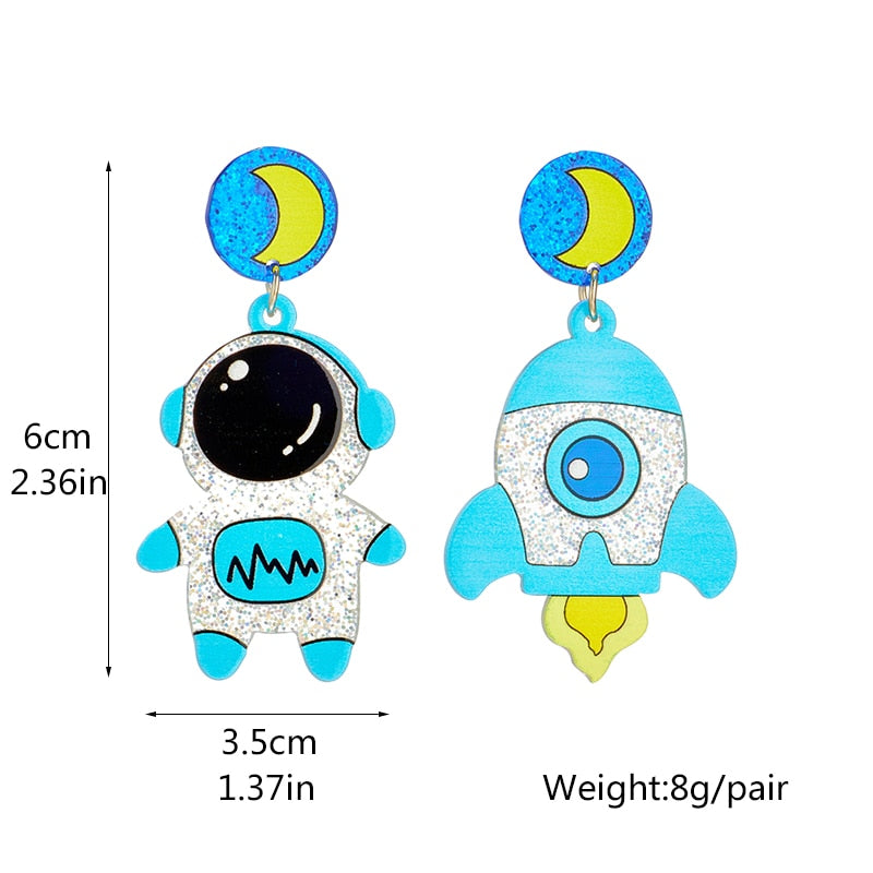 Glitter Astronaut and Rocket Drop Earrings Women Travel Fashion Cartoon Earrings