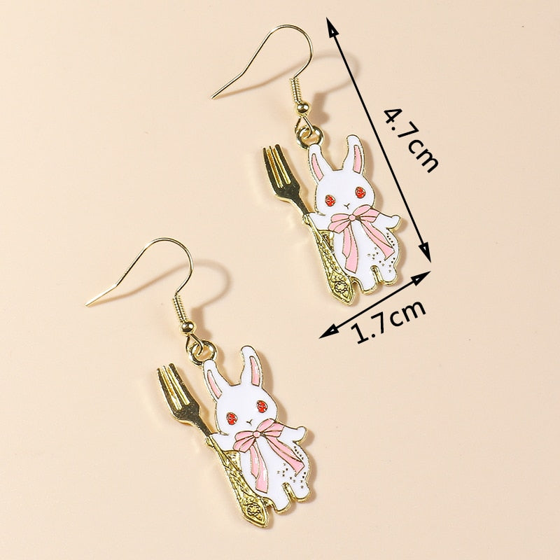 Bunny with Fork Drop Earrings Women Creativity Jewelry Cute Earring Girls Gift