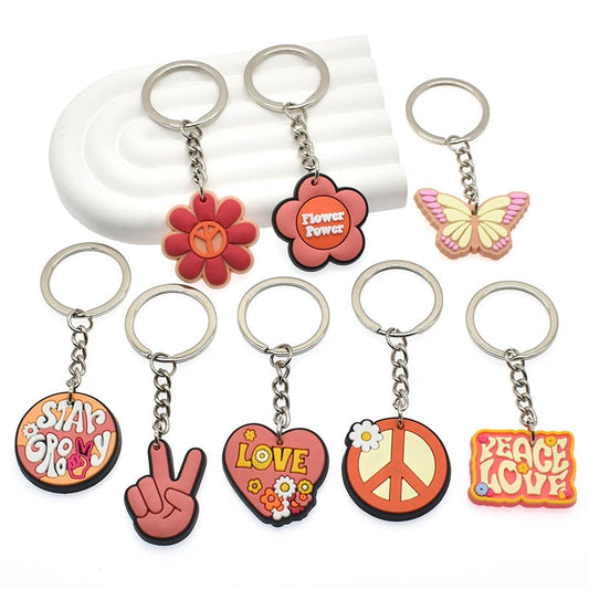 14 Styles PVC Keychain Peace and Love Butterfly Flower Sign Keychain Global