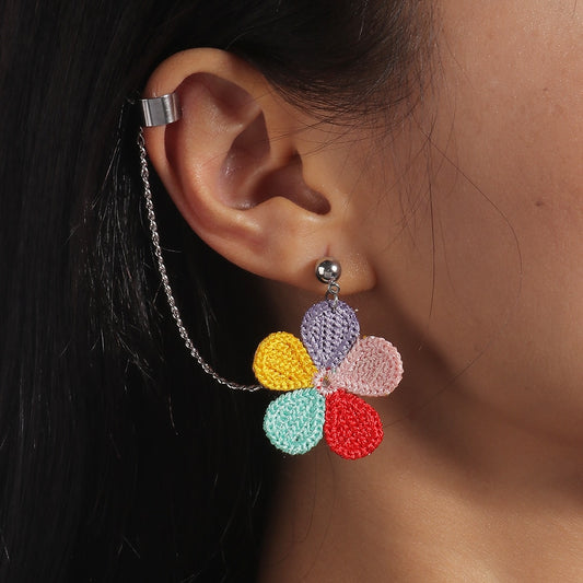 1pc Colorful Knitted Flower Stud Earring with Ear Cuff Earrings Trendy Women