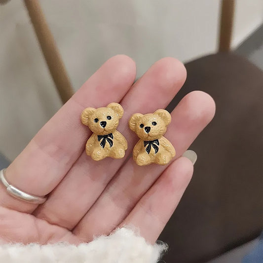 Bear with Bow Earrings Stud Women Girls Fashion Cute Accessory Jewelry