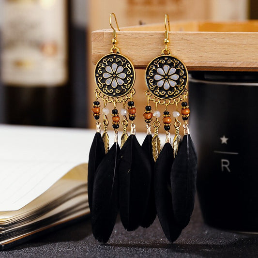 Boho Flower Feathers Dangle Earrings for Fashion Stylish Jewelry Drop Earrings