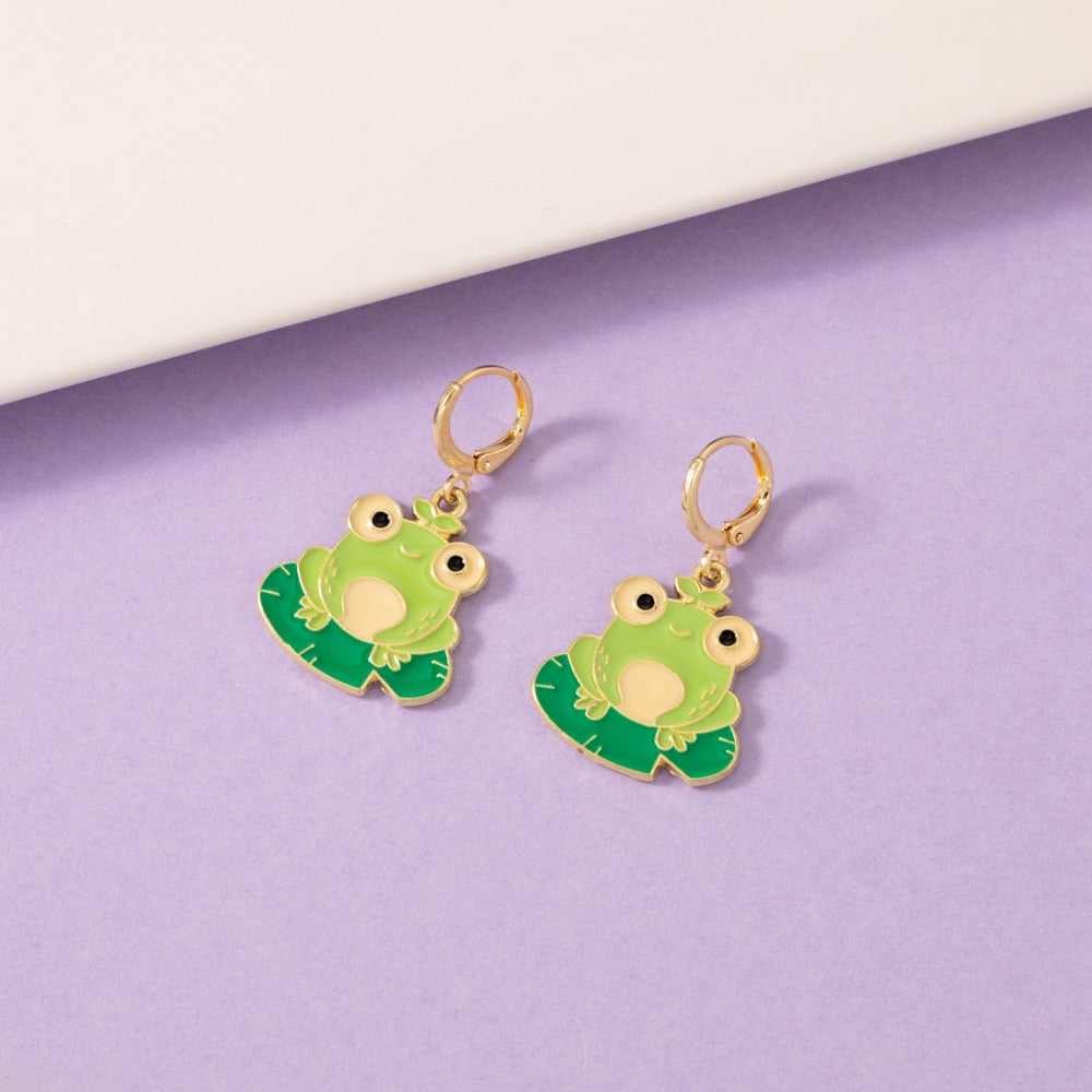 Frog and Leaf Drop Earrings Cartoon Ear Pendants Accessories Women Jewelry