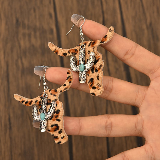 Creative Leopard Print Bull Head Drop Earrings Jewelry For Women Fashion