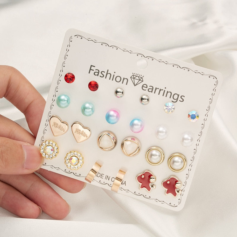 21 Styles 12-20 Pairs Set Butterfly Star Heart Rose Flower Stud Earrings Women