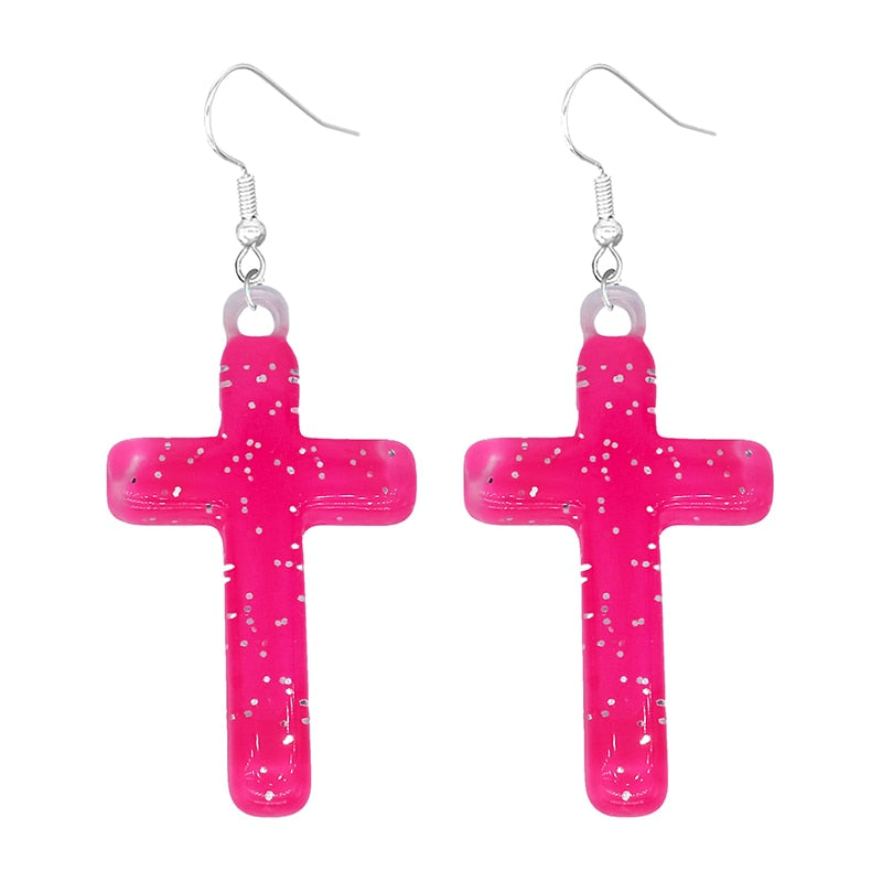 Pink Glitter Cross Drop Earrings Women Art Fashion Cartoon Earrings Creative