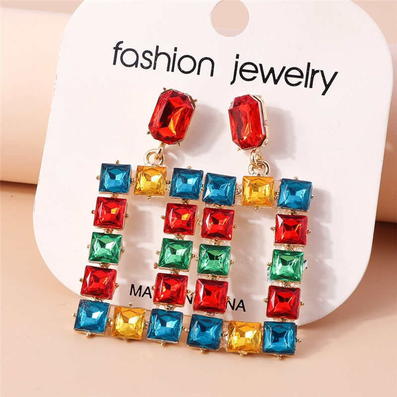 Mixed Color Square Rhinestone Rectangular Drop Dangle Earrings Trendy Women