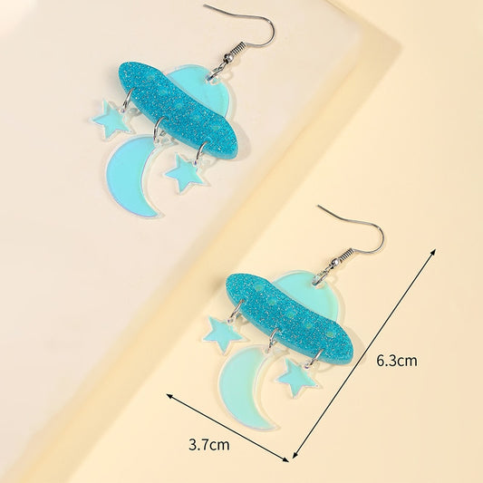 Holographic Alien Ship Drop Earrings Women Travel Fashion Cartoon Earrings