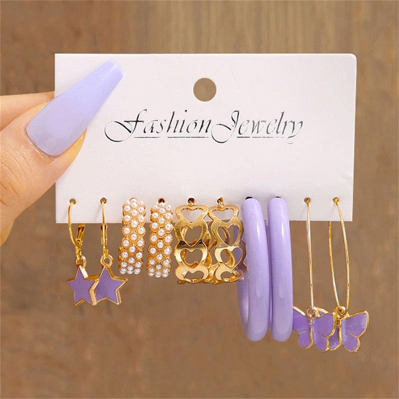 5 Pairs Purple Star Butterfly Hoop Dangle Earrings Women Charms Earring Fashion