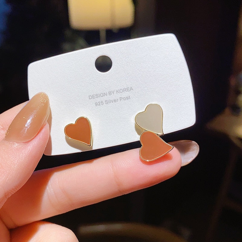 Beige Brown Heart Geometry Stud Earrings Woman Exquisite Earring Accessories