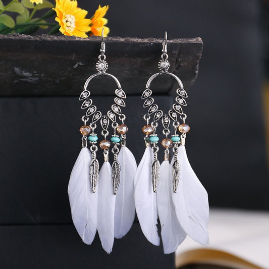 White Boho Ethnic Feather Dangle Earrings Fashion Party Girls Pendant Earrings