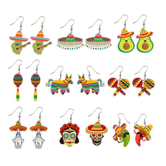 Cactus and Guitar Mexican Pattern Drop Earrings Women Travel Fashion Cartoon