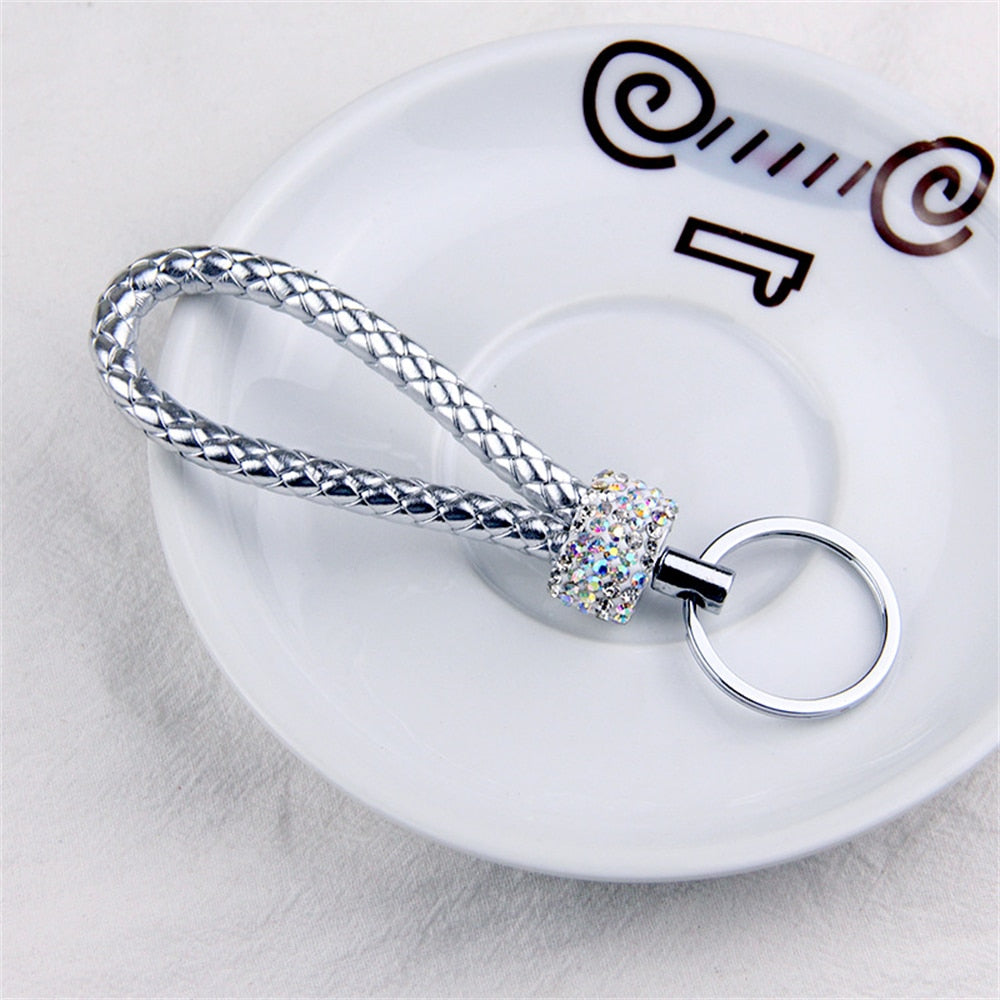 14 Styles PU Leather Braided Rope Keychain Glitter Rhinestones Key Ring For