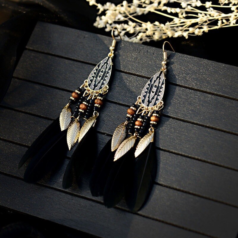 Black Feathers and Beads Dangle Earrings for Fashion Stylish Jewelry Drop