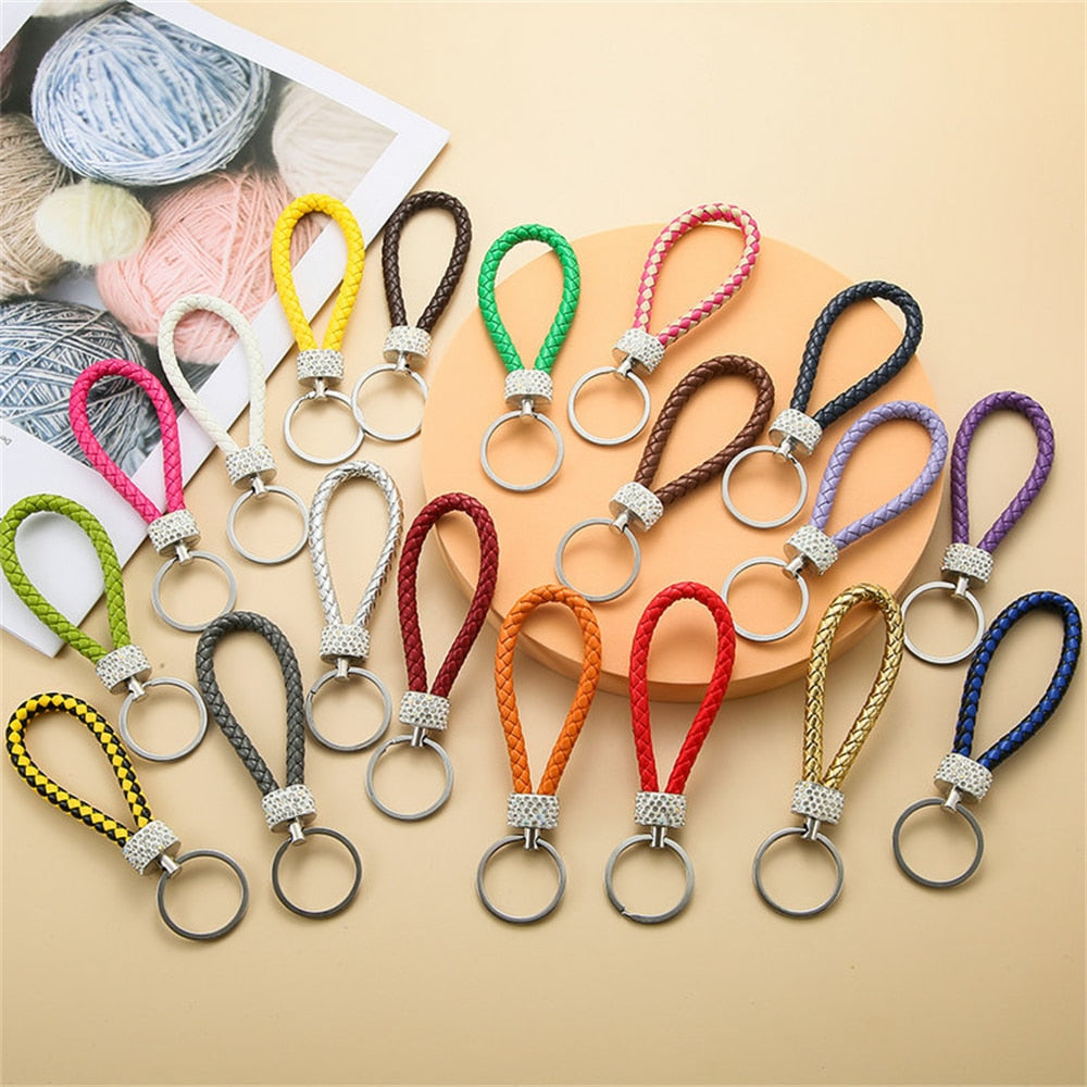 14 Styles PU Leather Braided Rope Keychain Glitter Rhinestones Key Ring For