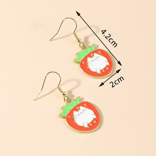 Cat in Strawberry Drop Earrings Women Creativity Jewelry Cute Earring Girls Gift