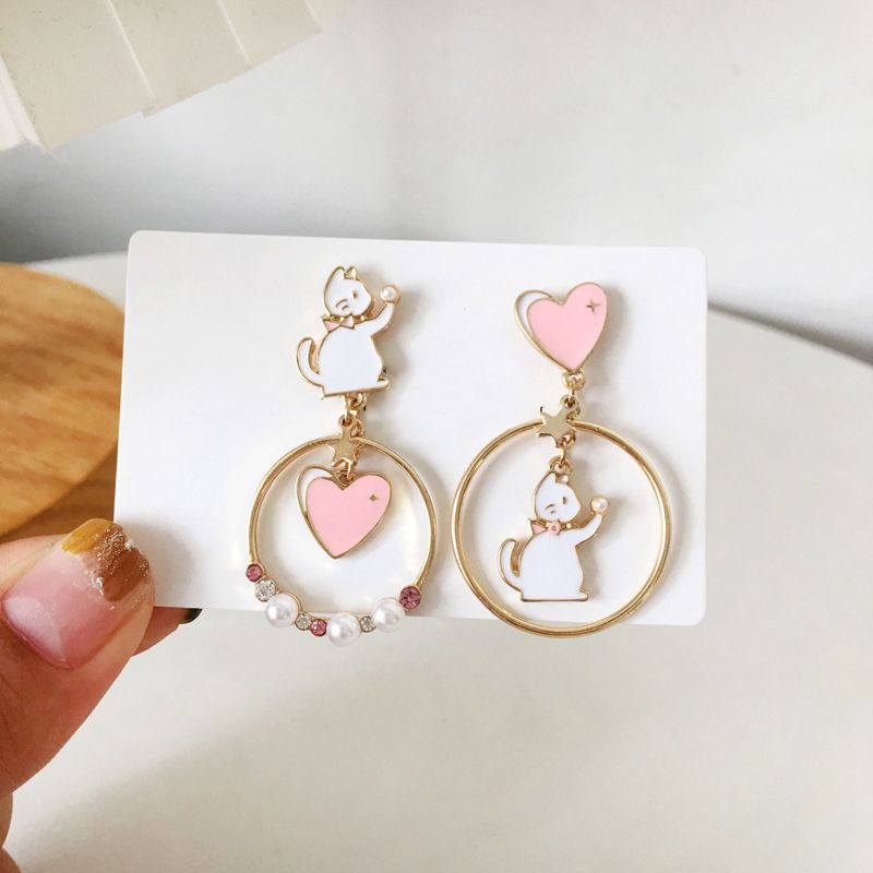 Cat Pink Heart Drop Earrings Women Party Wedding Jewelry Creative Gifts Earrings