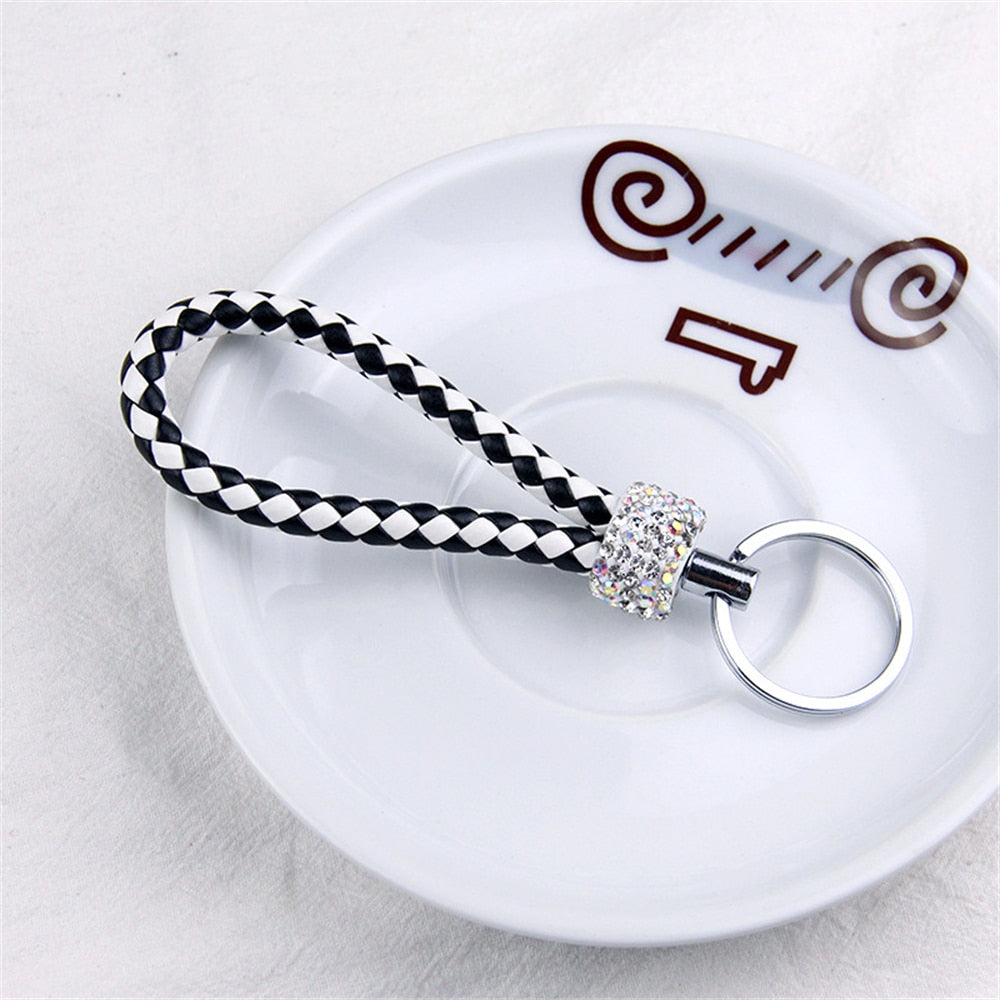 14 Styles PU Leather Braided Rope Keychain Glitter Rhinestones Key Ring For