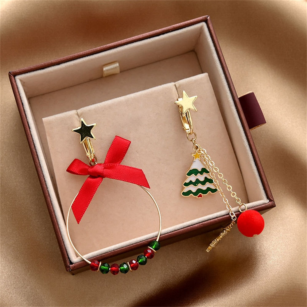 Christmas Tree Bow Drop Earrings Women Party Cute Art Jewelry Dangle Gifts