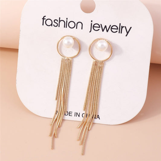Layered Tassel Faux Pearl Drop Dangle Earrings Trendy Women Fashion Earrings