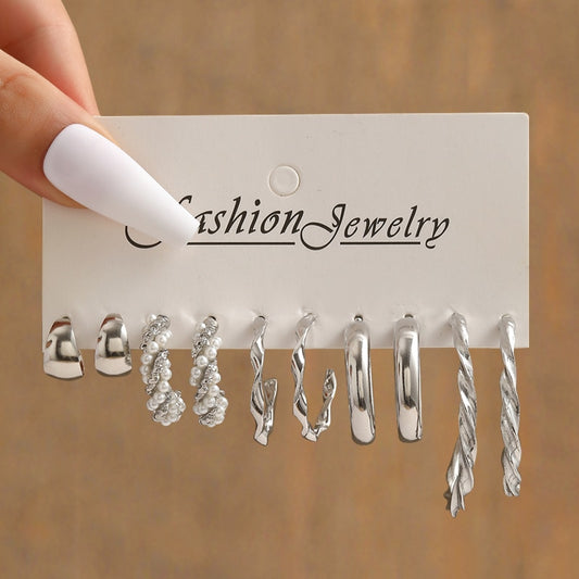 5pairs Silvery Twist Hoop Earrings Trendy Jewelry Creative Style Accessories