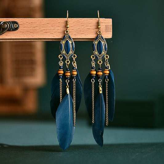 Deep Blue Feathers Dangle Earrings for Fashion Stylish Jewelry Drop Earrings
