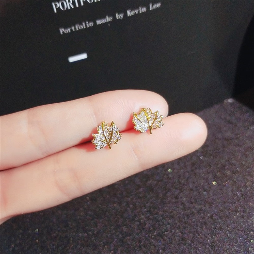 Rhinestone Leaf Stud Earrings Women Fashion Creative Art Cute Stylish Jewelry
