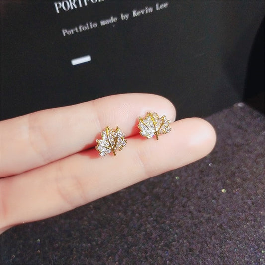 Rhinestone Leaf Stud Earrings Women Fashion Creative Art Cute Stylish Jewelry