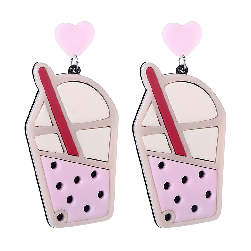Pink Milk Tea Drop Earrings Women Travel Fashion Cartoon Earrings Creative
