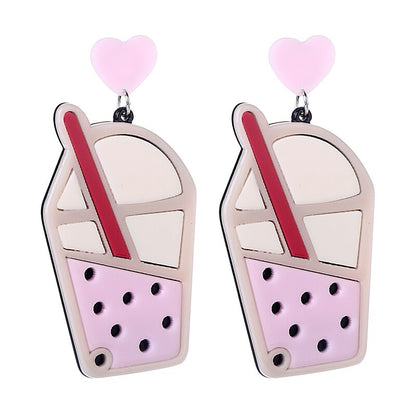 Pink Milk Tea Drop Earrings Women Travel Fashion Cartoon Earrings Creative
