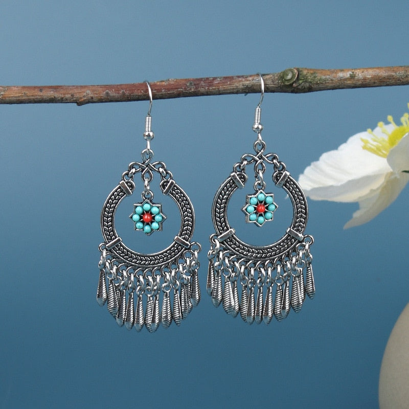 Turquoise Flower Metal Tassels Dangling Drop Earrings Female Fashion Earrings