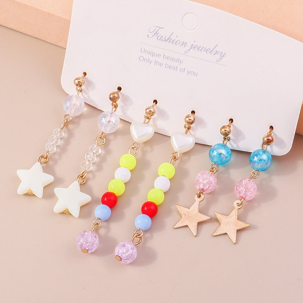 3 Pairs Colorful Beads Star Dangle Earrings for Girls Women Birthday Gift Lovely