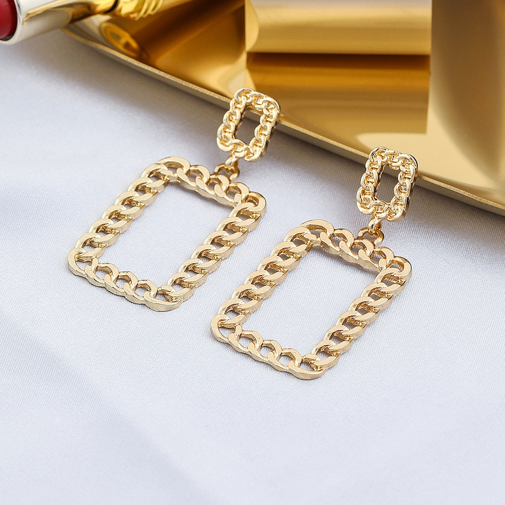 Chain Design Rectangular Drop Earrings Women Girl Fashion Trendy Jewelry