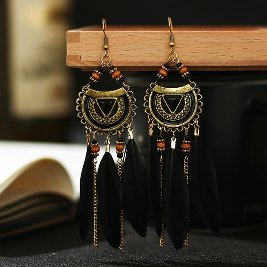 Black Boho Ethnic Feather Dangle Earrings Fashion Party Girls Pendant Earrings