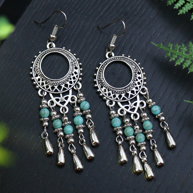 Turquoise Tassel Bohemian Dangle Earrings Fashion Party Girls Pendant Earrings