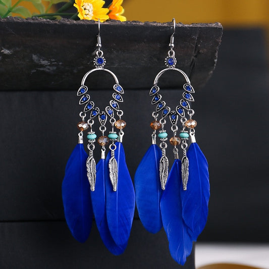 Royal Blue Drop Pattern Boho Ethnic Feather Dangle Earrings Fashion Party Girls