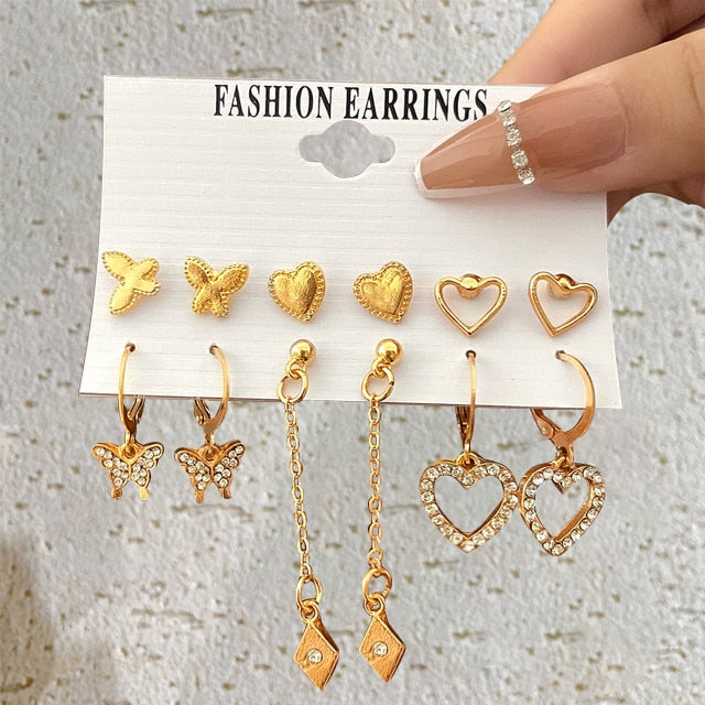 6 Pairs Heart Studs Butterfly Drop Charm Earrings For Women Girl Fashion Modern