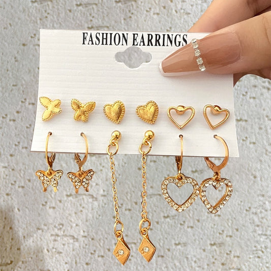 6 Pairs Heart Studs Butterfly Drop Charm Earrings For Women Girl Fashion Modern