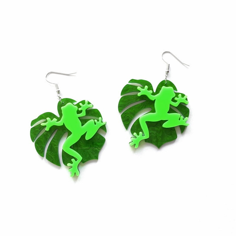 Frog and Leaf Drop Earrings Hip Hop Women Party Gift Jewelry Ear Fashion Pendant