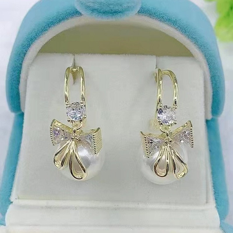 Pearl and Bow Drop Earrings Women Party Wedding Jewelry Dangle Gifts Earrings